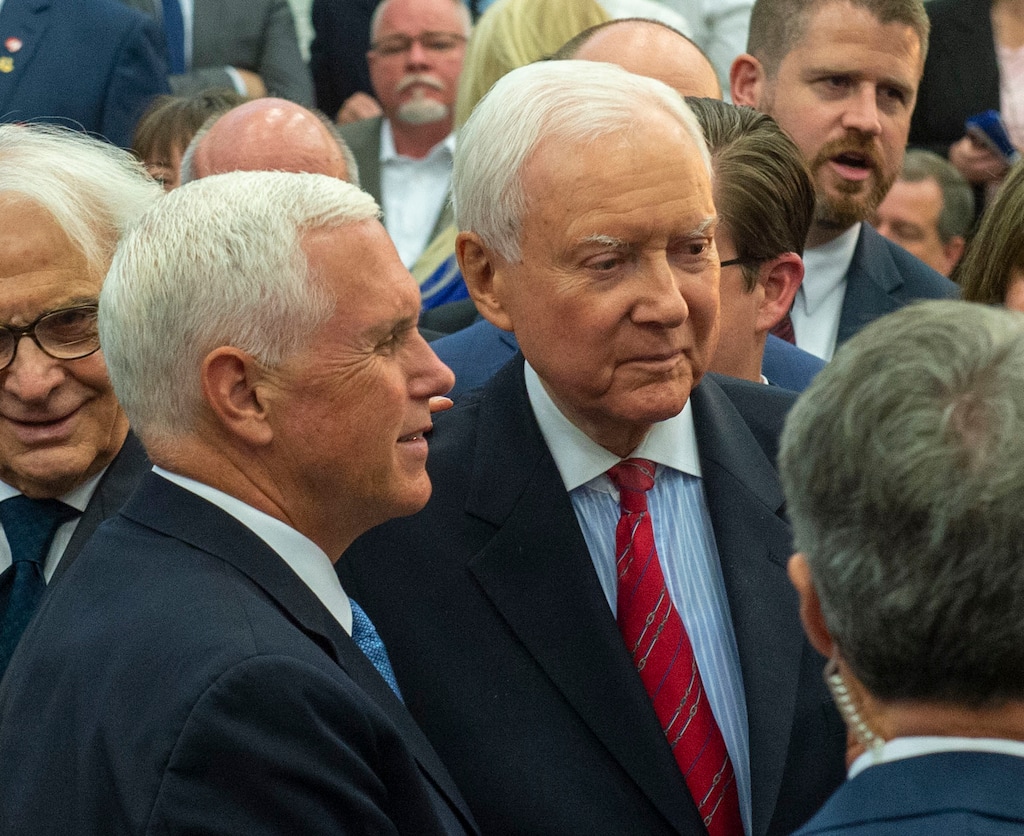 (Rick Egan  |  The Salt Lake Tribune)   Vice President Mike Pence poses for photo with Orrin Hatch after speaking at Merit Medical, Thursday, Aug. 22, 2019.