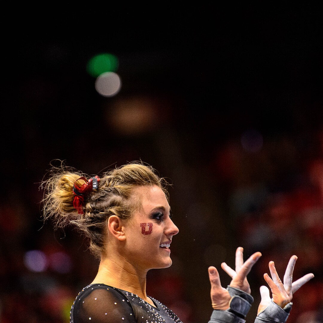 Trent Nelson  |  The Salt Lake TribuneUtah's Tiffani Lewis on the floor as the University of Utah hosts Cal, NCAA Gymnastics at the Huntsman Center, Saturday February 4, 2017.