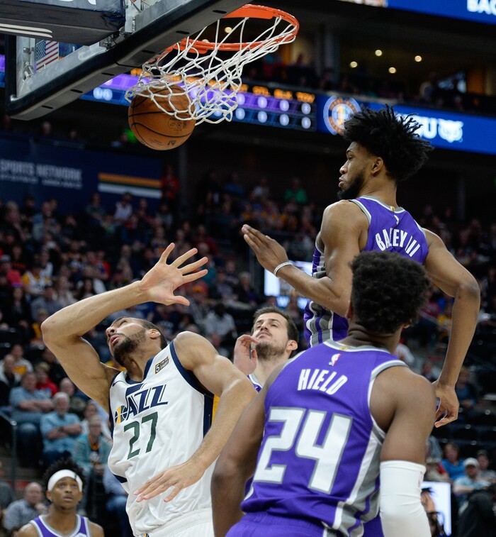 (Francisco Kjolseth  |  The Salt Lake Tribune)  Utah Jazz center Rudy Gobert (27) gets past the Kings defense as the Utah Jazz host the Sacramento Kings in their NBA game at Vivint Smart Home Arena Friday, April 5, 2019, in Salt Lake City.