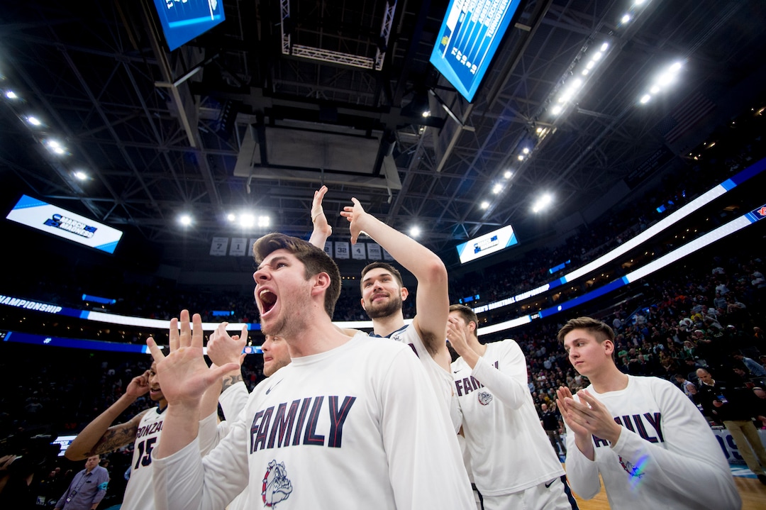 (Leah Hogsten  | The Salt Lake Tribune)  Gonzaga players celebrate after beating in the second round of the NCAA tournament in Salt Lake City on Saturday, March 23, 2019.