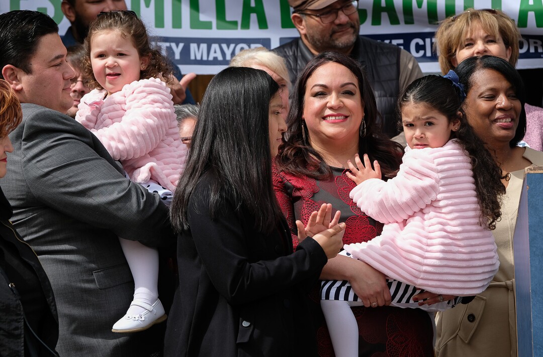 (Francisco Kjolseth  |  The Salt Lake Tribune)  Salt Lake City Sen. Luz Escamilla is joined by her husband Juan Carlos, left, and their children Cielo, Aileen and Sol, from left, as she launches her official campaign for city mayor from the steps of the Salt Lake City and County building on Tuesday, March 26, 2019. As the city grows and becomes more diverse, Escamilla says she would represent a number of overlooked communities, including the Latino population and the cityÕs west side. If elected, she would likely be the first ethnic minority mayor of Salt Lake City and would be only the third woman to hold the position.