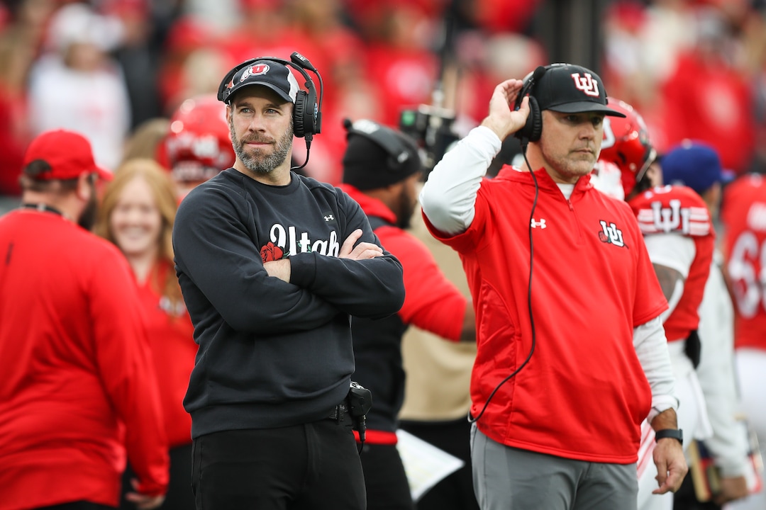 (Meg Oliphant | Special to The Tribune) Utah defensive coordinator Morgan Scalley, left, looks on during the game against the Penn State Nittany Lions at Rose Bowl Stadium on Jan. 2, 2023 in Pasadena, Calif.