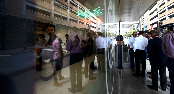 (Steve Griffin  |  The Salt Lake Tribune)  Patrons wait in line at Pretty Bird, a new Nashville-style hot chicken restaurant on Regent Street, in Salt Lake City Monday April 23, 2018.