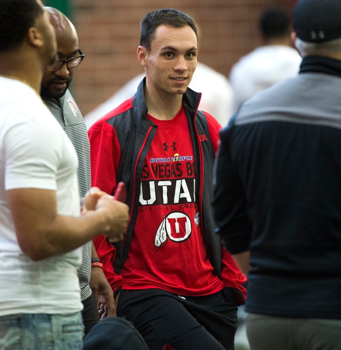 (Rick Egan  |  The Salt Lake Tribune)        Recently returned LDS missionary, Britain Covey, watches former Utah players run drills during  University of Utah's 2018 Pro Day for NFL scouts, at Spence Eccles Field House, Wednesday, March 28, 2018.