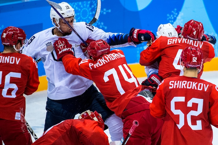 (Chris Detrick  |  The Salt Lake Tribune)  United States forward Jordan Greenway (18) Olympic Athlete from Russia forward Nikolai Prokhorkin (74) Olympic Athlete from Russia defenseman Vladislav Gavrikov (4) andUnited States forward Chris Bourque (17) fight during the United States vs Olympic Athletes from Russia hockey game at Gangneung Hockey Centre during the Pyeongchang 2018 Winter Olympics Saturday, Feb. 17, 2018. Olympic Athletes from Russia defeated United States 4-0.