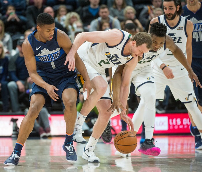 (Rick Egan  |  The Salt Lake Tribune)    Utah Jazz forward Joe Ingles (2) and Utah Jazz guard Donovan Mitchell (45) steal the ball from Dallas Mavericks guard Dennis Smith Jr. (1), in NBA action between Utah Jazz and Dallas Mavericks in Salt Lake City, Saturday, Feb. 24, 2018.