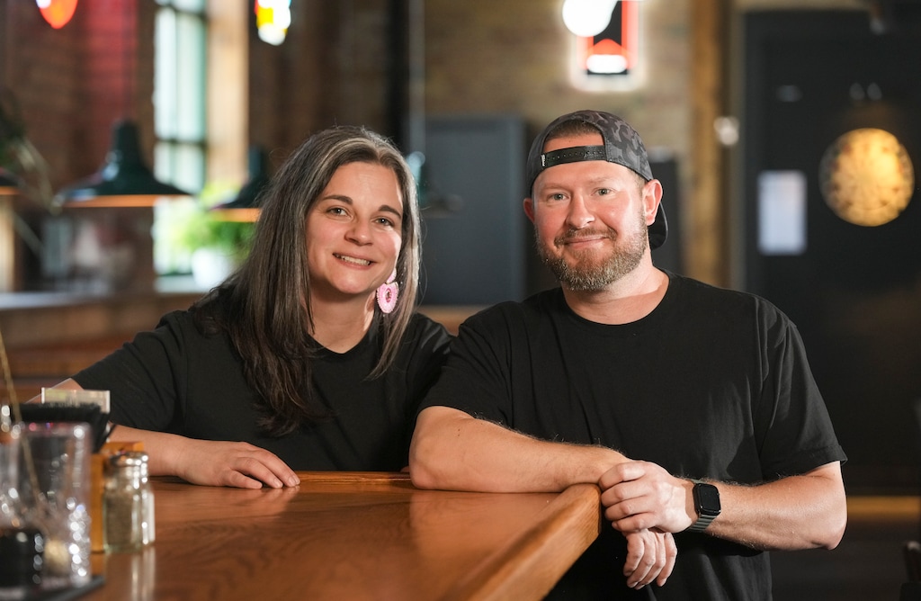 (Bethany Baker  |  The Salt Lake Tribune) Owners Jordanna Brown, left, and her husband Jimmy Brown stand at the bar of their new restaurant Fiddler's in Salt Lake City on Friday, June 13, 2025.