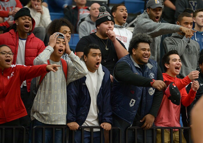 (Leah Hogsten  |  The Salt Lake Tribune) East fans react to play.  East defeated Timpview 68-48 to win the the 5A High School Girls' Basketball Tournament title at SLCC in Taylorsville, Saturday, Feb. 24, 2018. 