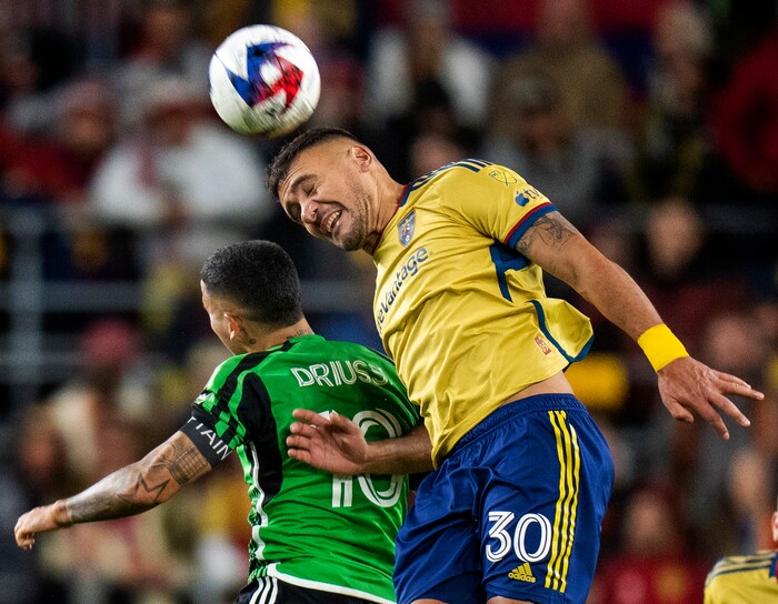 (Rick Egan | The Salt Lake Tribune) Real Salt Lake defender Marcelo Silva (30) goes for the ball along with Austin FC forward Sebastin Driussi (10), in MLS action between Real Salt Lake and Austin FC, in Sandy, on Saturday, March 11, 2023.