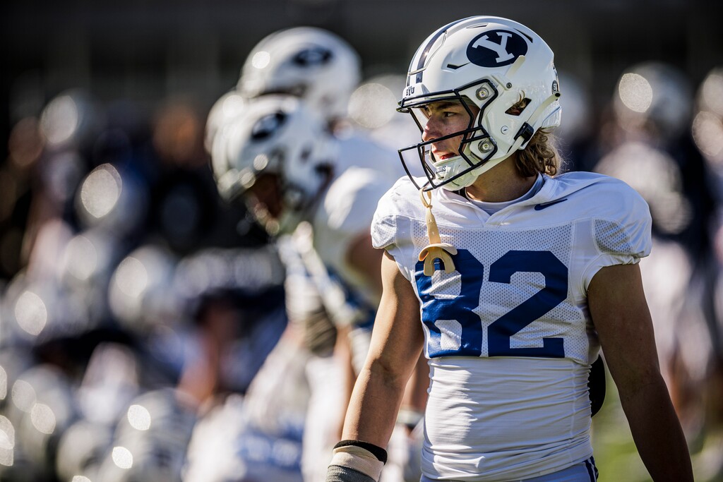 (Photography by Nate Edwards/BYU) BYU wide receiver Parker Kingston going through spring practice on March 23, 2023.