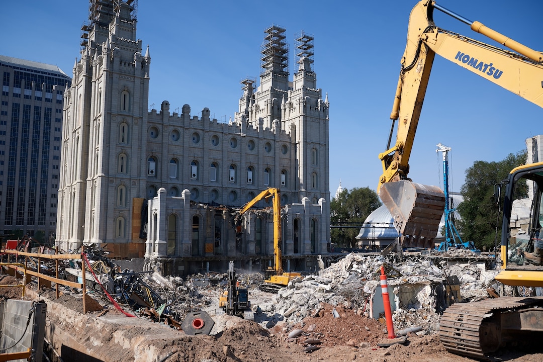 (Photo courtesy The Church of Jesus Christ of Latter-day Saints) The 1960s construction of the sealing addition, chapel and north entrance are dismantled as part of the seismic upgrade of the Salt Lake Temple. The sealing addition will be rebuilt once upgrades are completed.