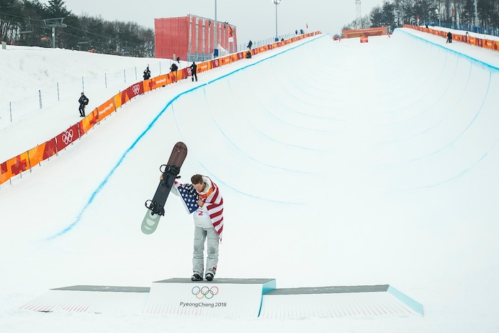 (Chris Detrick  |  The Salt Lake Tribune)  Shaun White celebrates after winning gold on his run during the men's halfpipe finals at Phoenix Snow Park during the Pyeongchang 2018 Winter Olympics Wednesday, Feb. 14, 2018.  White won the event with a 97.75, his third Olympic gold medal in the halfpipe (2006, 2010, 2018).