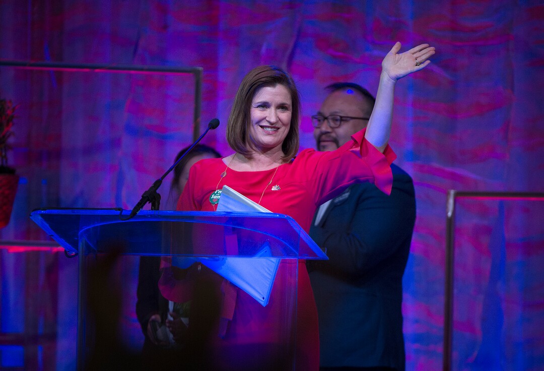 (Scott Sommerdorf | The Salt Lake Tribune)
Senate candidate Jenny Wilson speaks at the Democratic convention, Saturday, April 28, 2018 at the Salt Palace Convention Center in Salt Lake City, Utah.