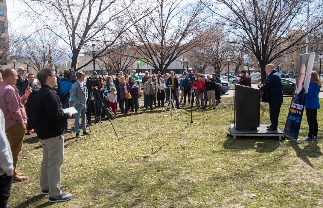 (Rick Egan  |  The Salt Lake Tribune)      Christian Harrison, launches his campaign  for Salt Lake City Mayor outside Salt Lake City Hall, Wednesday, March 20, 2019.