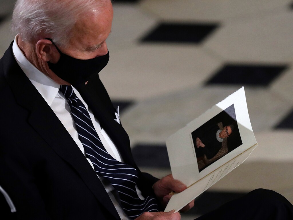 Democratic presidential candidate former Vice President Joe Biden attends a memorial service in honor of Justice Ruth Bader Ginsburg as she lies in state in Statuary Hall of the U.S. Capitol, Friday, Sept. 25, 2020 in Washington. (Chip Somodevilla/Pool via AP)