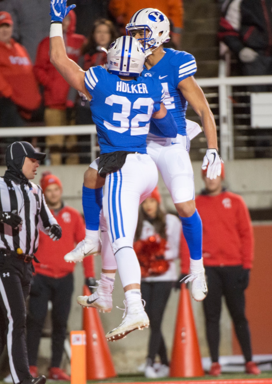(Rick Egan  |  The Salt Lake Tribune)      Brigham Young Cougars wide receiver Neil Pau'u (84) celebrates his touchdown with Cougar tight end Dallin Holker, in football action between the Brigham Young Cougars and the Utah Utes, at Rice-Eccles Stadium, Saturday, November 24, 2018.