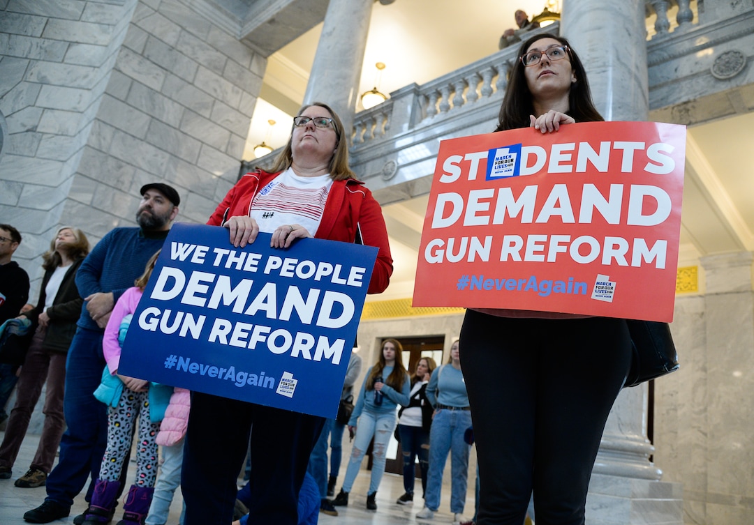 (Francisco Kjolseth  |  The Salt Lake Tribune) Caroline Phinney, left, and Chiemi Maloy join a rally at the Utah Capitol for a mid-session report card on the progress of gun violence and public safety bills in the Utah Legislature on Saturday, Feb. 15, 2020. The rally took place the day after the anniversary of the shooting at Stoneman Douglas high school in Parkland, FL.