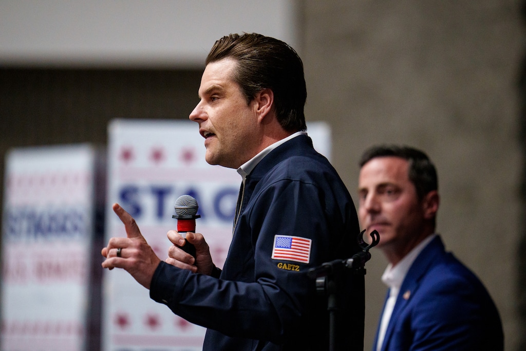 (Trent Nelson | The Salt Lake Tribune) Florida Congressman Matt Gaetz and U.S. Senate candidate Trent Staggs during a town hall at a campaign event at Riverton High School on Thursday, March 28, 2024.