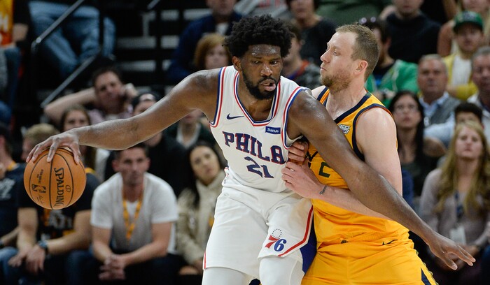 (Francisco Kjolseth  |  The Salt Lake Tribune)  Philadelphia 76ers center Joel Embiid (21) faces Utah Jazz forward Joe Ingles (2) as the Utah Jazz host the Philadelphia 76ers in their NBA basketball game at Vivint Smart Home Arena in Salt Lake City on Wednesday, Nov. 6, 2019.