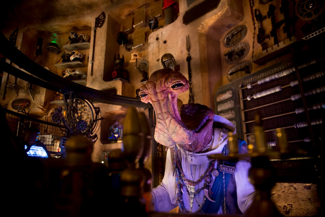 (Jeremy Harmon  |  The Salt Lake Tribune) Dok-Ondar, an animatronic Ithorian, oversees his Den of Antiquities at Star Wars: Galaxy's Edge in Anaheim, Ca. on Wednesday, May 29, 2019. The shop is full of items fans will recognize from Star Wars films and television shows.