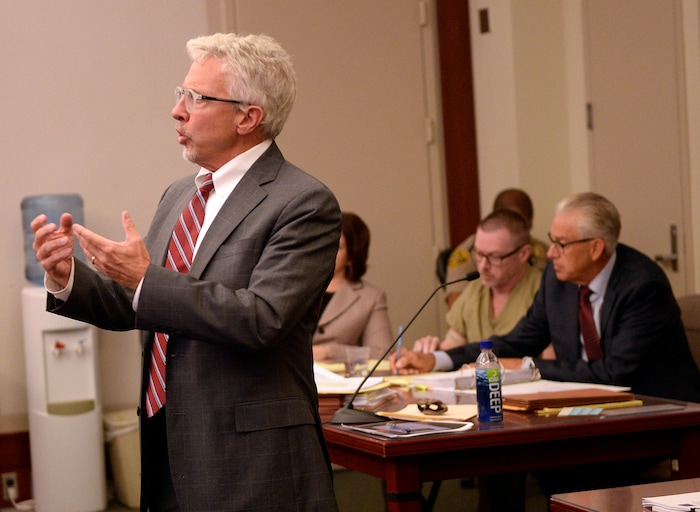 (Al Hartmann  |  The Salt Lake Tribune)       
Defense lawyer Mark Moffat questions a witness in 3rd District Judge James Blanch's courtroom during a three-day sentencing hearing Monday August 28 in Salt Lake City for Craig Crawford.  Crawford has admitted that he trapped his 72-year-old estranged husband, well-known restaurateur John Williams, inside his home and then set it ablaze last year.
He pleaded guilty in June to first-degree felony counts of aggravated murder and aggravated arson.
The judge will decide whether Crawford will serve life in prison with or without the possibility of parole.
