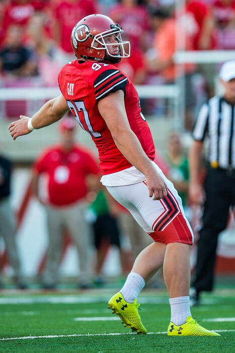(Chris Detrick  |  The Salt Lake Tribune)  Utah Utes place kicker Matt Gay (97) kicks a point after touchdown during the game at Rice-Eccles Stadium Thursday, August 31, 2017. Utah Utes defeated North Dakota Fighting Hawks 37-16.