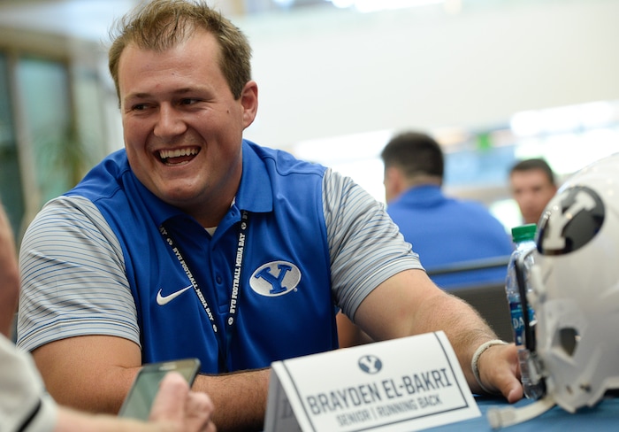 (Francisco Kjolseth  |  The Salt Lake Tribune)  Brayden El-Bakri is interviewed by the media as BYU hosts their eighth-annual football media day at the BYU-Broadcasting Building on Friday, June 22, 2018.