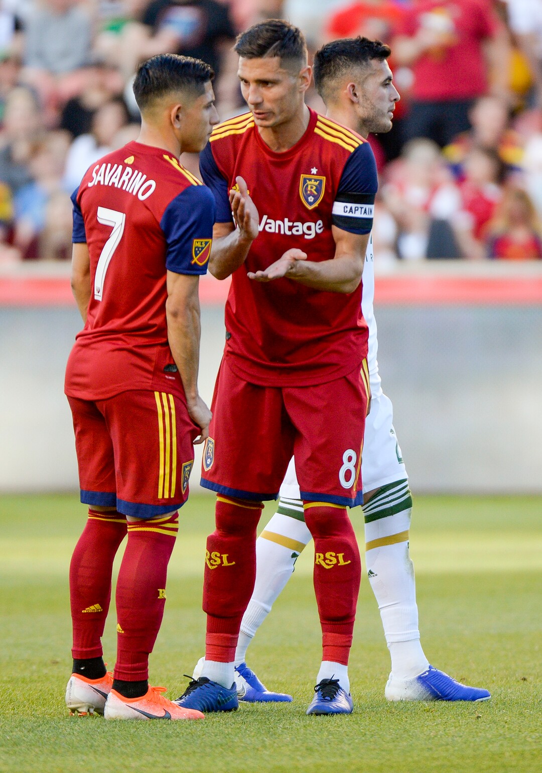 Leah Hogsten  |  The Salt Lake Tribune  Real Salt Lake midfielder Damir Kreilach (8) talks with Real Salt Lake forward Jefferson Savarino (7) in the first half. Real Salt Lake hosts the Portland Timbers, Saturday, May 4, 2019 at Rio Tinto Stadium in Salt Lake City.