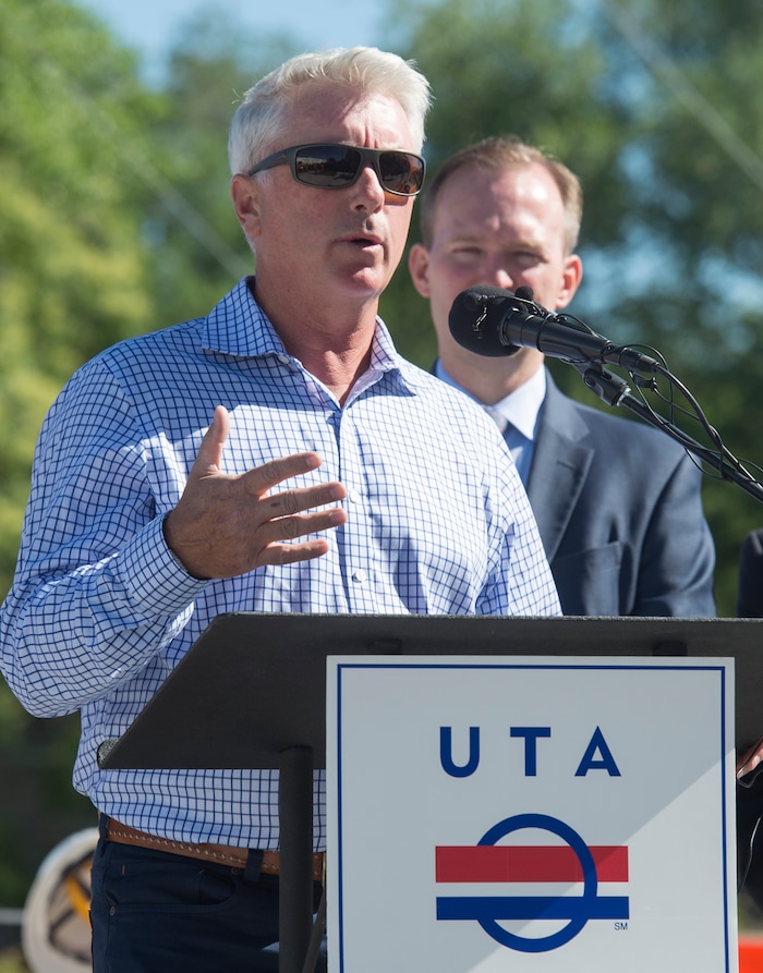 (Rick Egan  |  The Salt Lake Tribune)     Mark Isaac, Principal, Pinyon8 Consulting LLC, makes a few comments,  as South Salt Lake and other dignitaries met together to break ground on construction of UTA’s S-Line double track project, on 300 East and 2233 South, Monday, June 11, 2018.