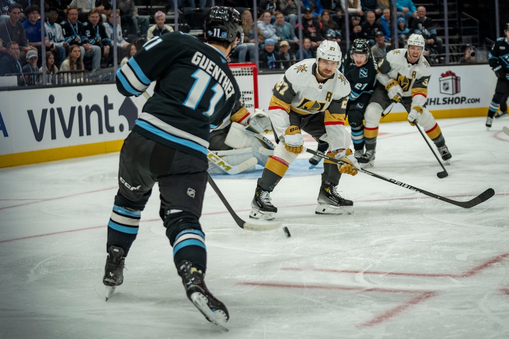 (Rick Egan | The Salt Lake Tribune) Utah Mammoth right wing Dylan Guenther (11) takes a shot against the Vegas Golden Knights earlier this season. The Mammoth open the NHL playoffs on Sunday in Las Vegas.
