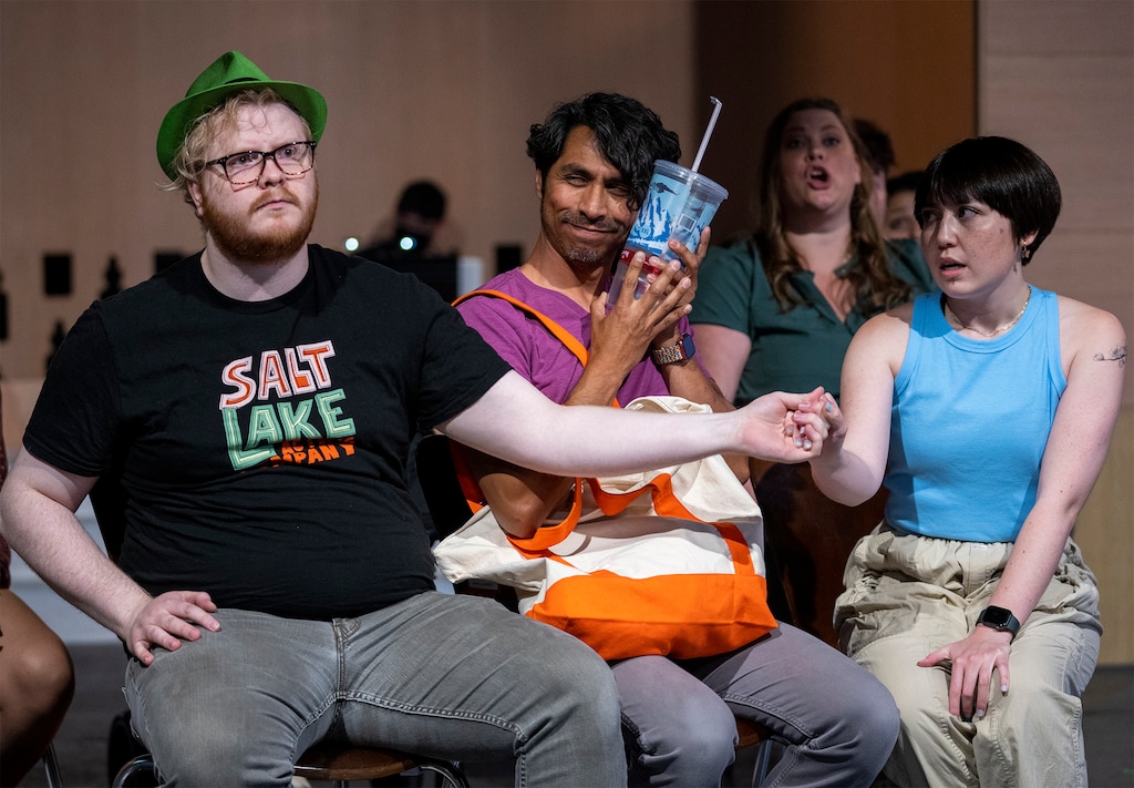 (Rick Egan | The Salt Lake Tribune)  Aaron Linford Allred, Tito Livas and Kimi Handa Brown (from left) rehearse a scene from Salt Lake Acting Company's "SLACabaret: Down the Rabbit Hole," on Thursday, June 23, 2022. The satirical revue is scheduled to run July 13 to August 21, 2022.