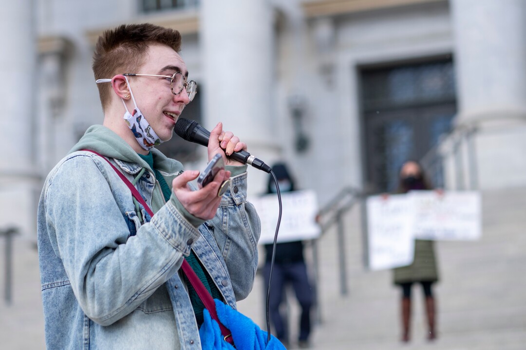 (Rick Egan | The Salt Lake Tribune)  Robin speaks during a rally on the steps of the Capitol to speak out against Rep. Kera Birkeland's transgender sports bill, on Friday, Feb. 25, 2022.
