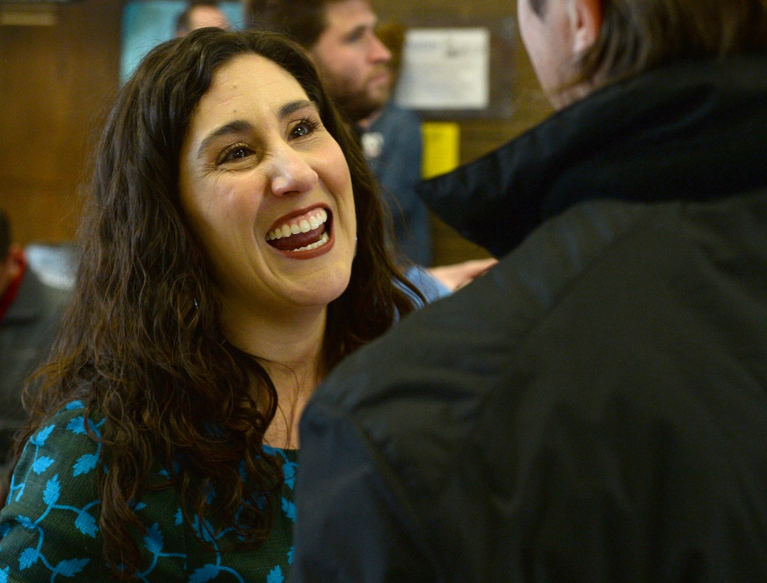 (Rick Egan  |  The Salt Lake Tribune)     Shireen Ghorbani speaks to the Salt Lake County Democratic Party's Central Committee members, as one of 10 candidates vying the at-large Country Council seats left vacant by now-Salt Lake County Mayor Jenny Wilson, at Eisenhower Jr High, Saturday, Feb. 23, 2019.