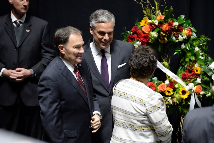 Scott Sommerdorf | The Salt Lake Tribune
Ambassador Jon Huntsman Jr., with Utah Governor Gary Herbert at the funeral services for Jon M. Huntsman, Sr., Saturday, February, 10, 2018. 
