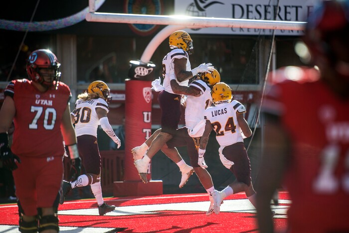 (Chris Detrick  |  The Salt Lake Tribune)  Arizona State Sun Devils tight end Jay Jay Wilson (9) celebrates with Arizona State Sun Devils defensive back J'Marcus Rhodes (17) after scoring a touchdown after intercepting the ball during the game at Rice-Eccles Stadium Saturday, October 21, 2017.  Arizona State Sun Devils defeated Utah Utes 30-10.