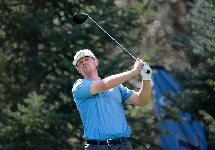(Scott Sommerdorf | The Salt Lake Tribune)
Patrick Fishburn tees off on 18 on his way to winning the Utah Open golf tournament played at the Riverside Country Club, Sunday, August 27, 2017. Fishburn nearly drove the green as he finished off crushed the field, winning by nine shots.