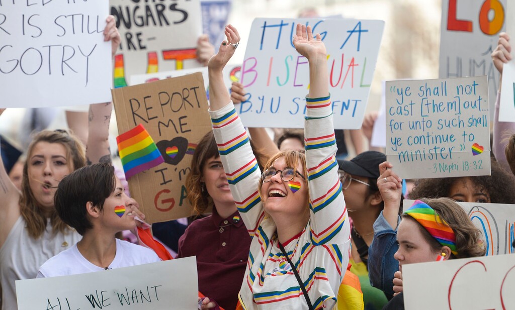 (Leah Hogsten  |  The Salt Lake Tribune) Brigham Young University LGBTQ students took their concerns about the school's policy reversal regarding romantic behavior by same-sex couples to The Church of Jesus Christ of Latter-day Saints office building, Mar. 6, 2020.