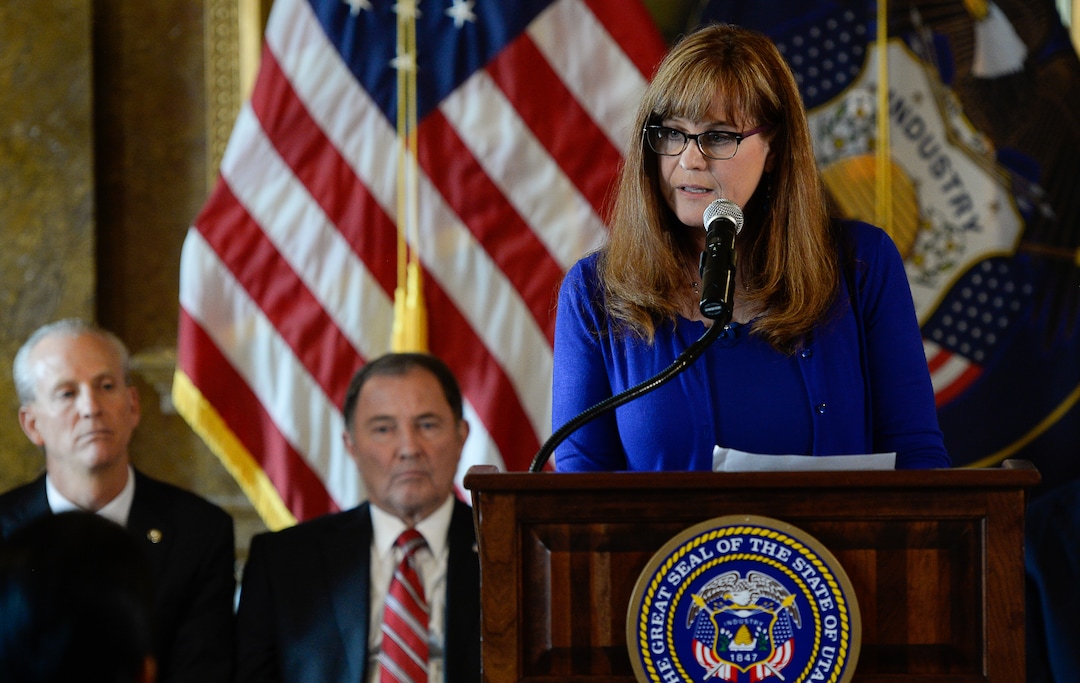 (Francisco Kjolseth  |  The Salt Lake Tribune)  Utah Medical Association CEO Michelle McOmber takes to the podium as supporters and opponents of UtahÕs medical marijuana initiative joined with Utah Gov. Gary Herbert and legislative leaders Thursday, Oct. 4, 2018, at the Utah Capitol to announce a Òshared visionÓ for cannabis policy.