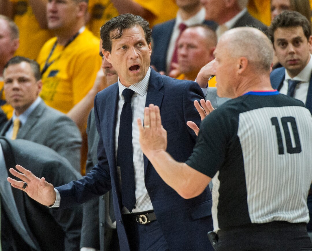 (Rick Egan  |  The Salt Lake Tribune)     Utah Jazz head coach Quin Snyder talks to referee Ron Garretson (10) about a call,  in playoff action in game 6, between Utah Jazz and Oklahoma City Thunder in Salt Lake City, Friday, April 27, 2018.