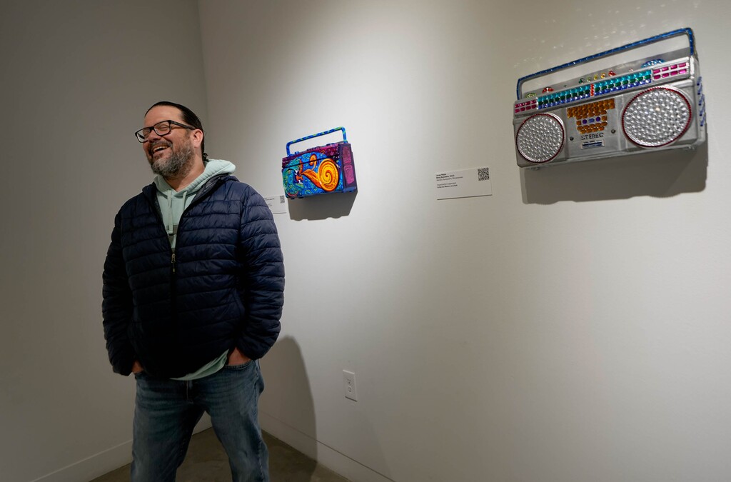(Francisco Kjolseth | The Salt Lake Tribune) Over the course of four months, Salt Lake-based ceramicist Horacio Rodriguez cast ten porcelain boomboxes, as he talks about passing them on to local artists to paint and alter on Tuesday, April 4, 2023. The BoomBox Benefit is now on display at the Utah Museum of Contemporary Art to help local charities.