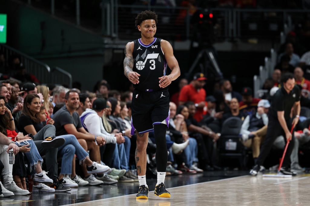 Utah Jazz guard Keyonte George (3) reacts during the second half of an NBA basketball game against the Atlanta Hawks, Sunday, April 6, 2025, in Atlanta. (AP Photo/Colin Hubbard)