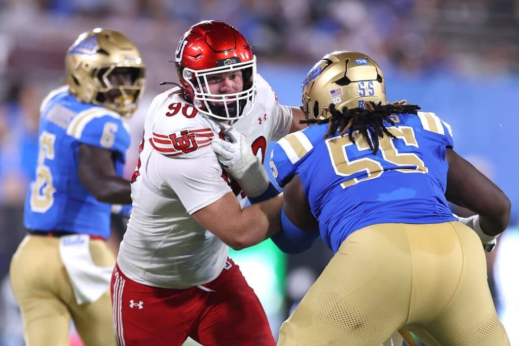 Former Utah defensive end John Henry Daley, center, has transferred to Michigan, The Athletic reported on Thursday, Jan. 8, 2026.
(Getty Images via The Athletic)