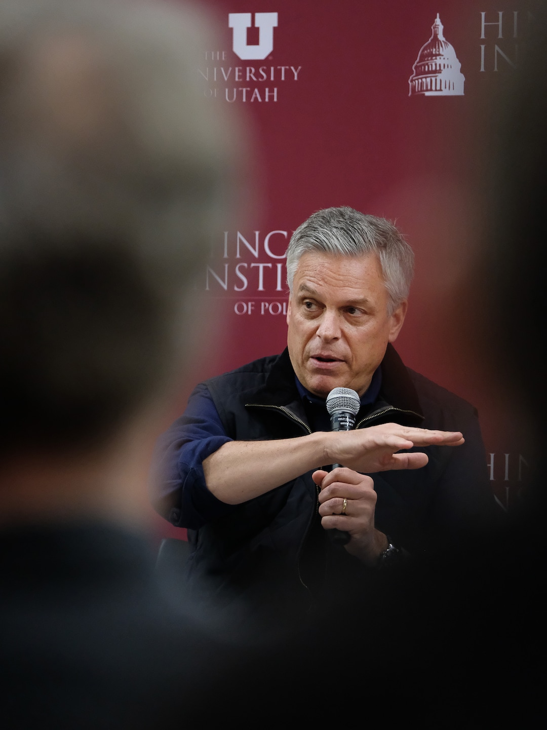 (Francisco Kjolseth  |  The Salt Lake Tribune)  Former Utah Governor and Ambassador Jon Huntsman speaks at the Hinckley Institute of Politics on the University of Utah campus on Thursday, Dec. 5, 2019, to discuss his long career in public service spanning from Utah’s Governor’s Mansion to Chinese and Russian ambassadorships and examine the increasing significance Utah plays in our globalized world.