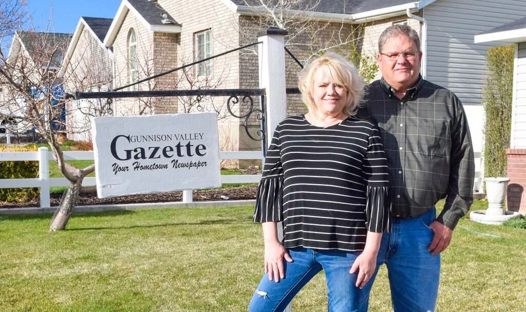 (Photo courtesy of Ashlyn Harvey) Jodi and Mark Henline, owners and publishes of the Gunnison Valley Gazette, in a photo taken April 12, 2020. The paper published its final weekly edition on April 14, 2020.
