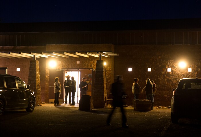 (Leah Hogsten  |  The Salt Lake Tribune)   San Juan County residents continued their discussions on redistricting outside the Bluff Community Center on Thursday after they were presented with newly redrawn county commission and school board district lines at a county hearing, November 16, 2017. The redistricting proposals would redraw voting districts to ensure significant American Indian majorities in two of three County Commission districts and on four of five school board voting districts as the result of a January 2012 lawsuit filed in U.S. District Court by the Navajo Nation. The lawsuit seeks the redrawing of voting districts to reflect the 2010 U.S. Census. Last year, U. S. District Court Judge Robert Shelby ruled the voting districts in the sprawling southeastern Utah county, which today is home to 16,895 residents, are unconstitutional and violate the rights of American Indians. He ordered the county to redraw them.

