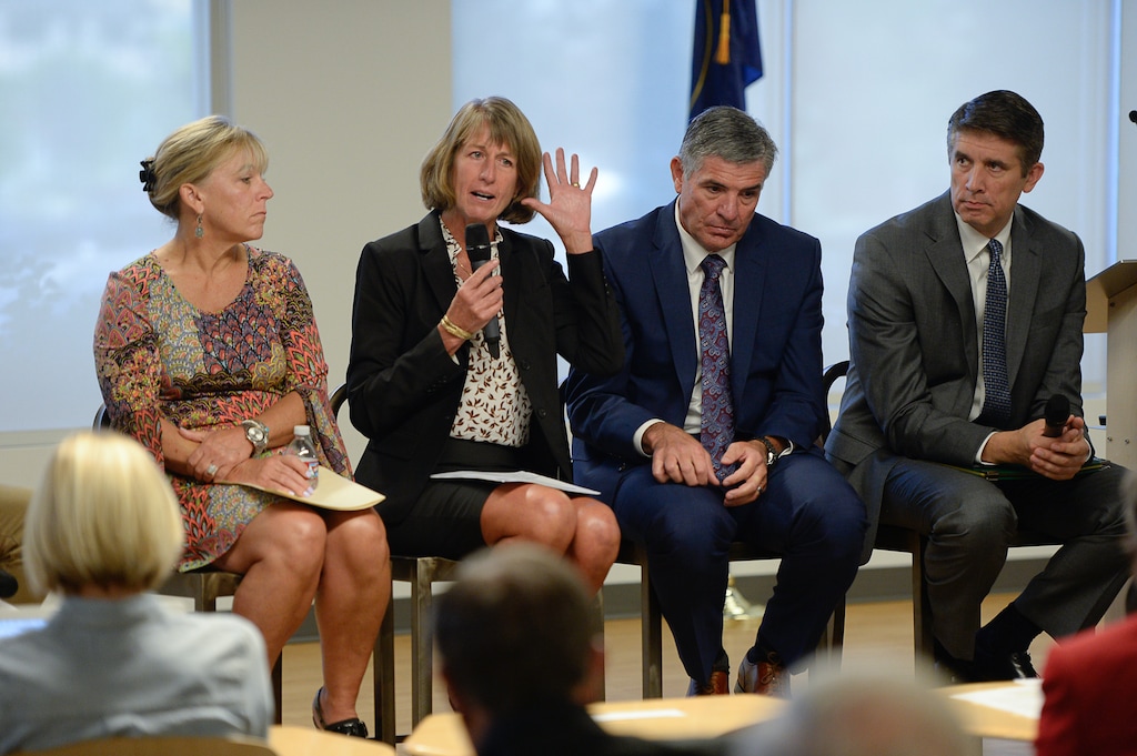 (Francisco Kjolseth | The Salt Lake Tribune) Utah State University President Noelle Cockett gestures while discussing the development of an IT Pathways Program on an educational panel that included, from left, Salt Lake Community College President Deneece Huftalin, Utah System of Technical Colleges Commissioner Dave Woolstenhulme and Utah Valley University President Matthew Holland.