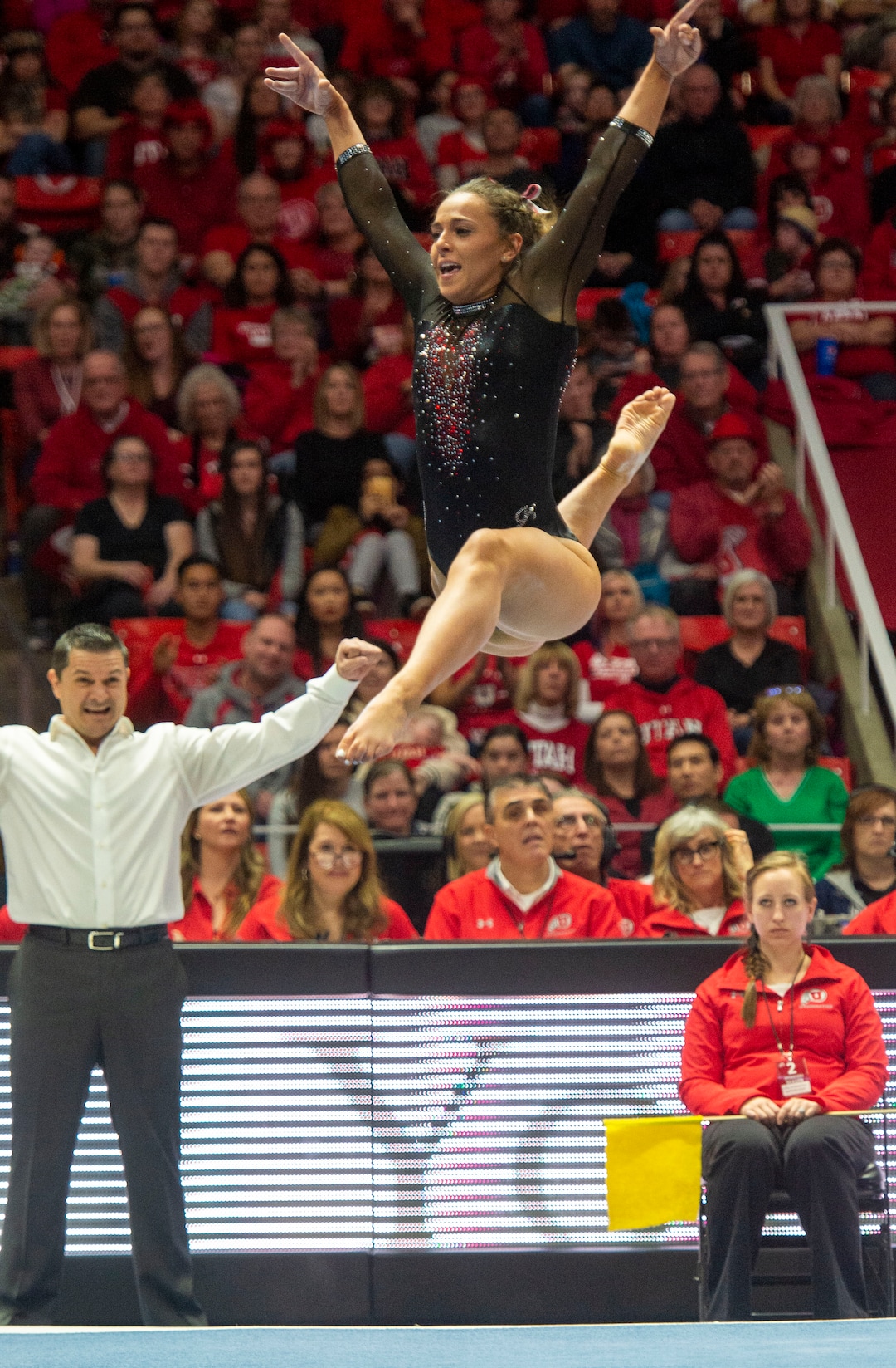 (Rick Egan  |  The Salt Lake Tribune)   Macery Roberts performs on the floor for Utah, in PAC-12 gymnastics action between the UCLA Bruins and the University of Utah, at the Jon M. Huntsman Center, Saturday, Feb. 23, 2019.