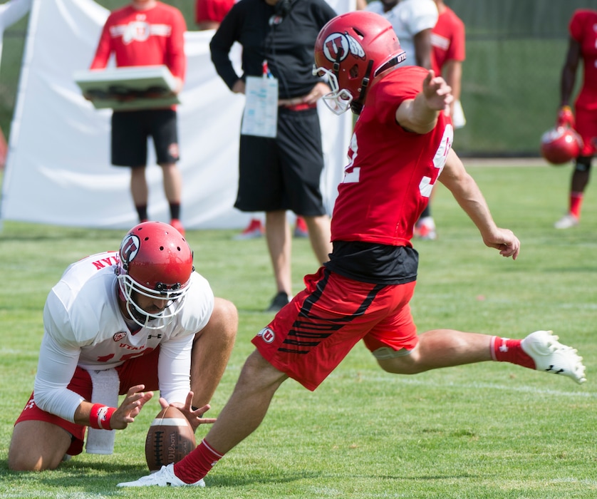 (Rick Egan  |  The Salt Lake Tribune)Utah kicker Chayden Johnston, attempts a field goal, during practice, Monday, August 7, 2017.