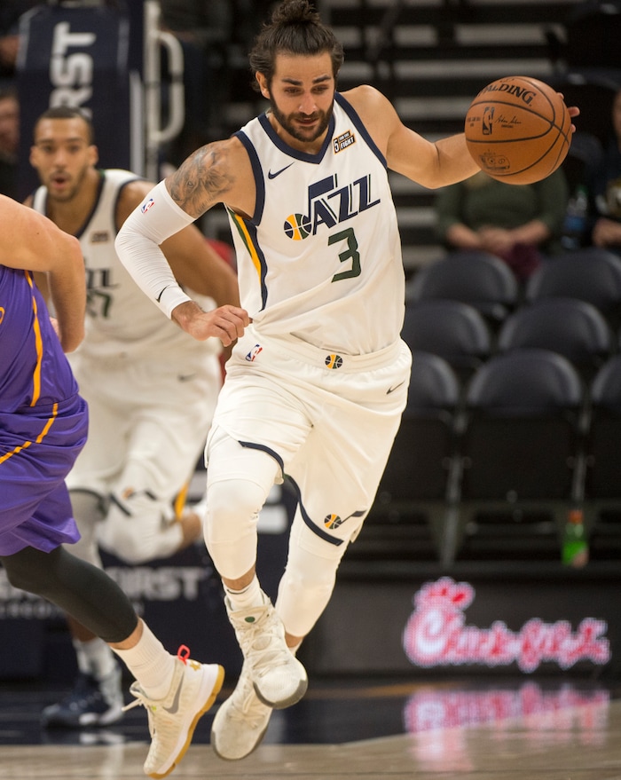 (Rick Egan  |  The Salt Lake Tribune)  Utah Jazz guard Ricky Rubio (3) grabs the ball after tipping it away, in preseason basketball Utah Jazz vs.Sydney Kings, in Salt Lake City, Sunday, October 2, 2017.


