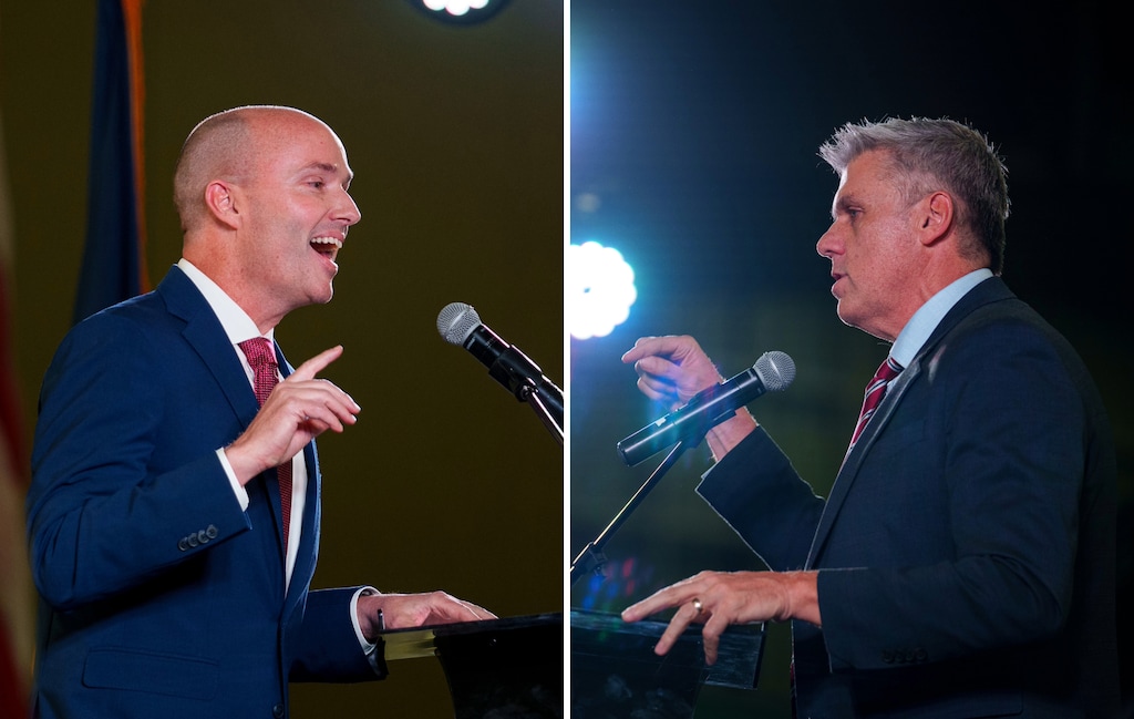 (Trent Nelson | The Salt Lake Tribune) Spencer Cox, left, and Phil Lyman, candidates for the GOP nomination for governor.
